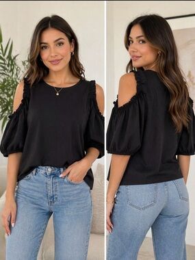 Zara Black Cold-Shoulder Ruffle Puff Sleeve Top